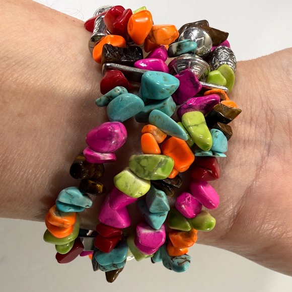 Multi Strand Bracelet Beaded Stacking Silver Tone Flower Charm Rhinestone Accent - Picture 6 of 9